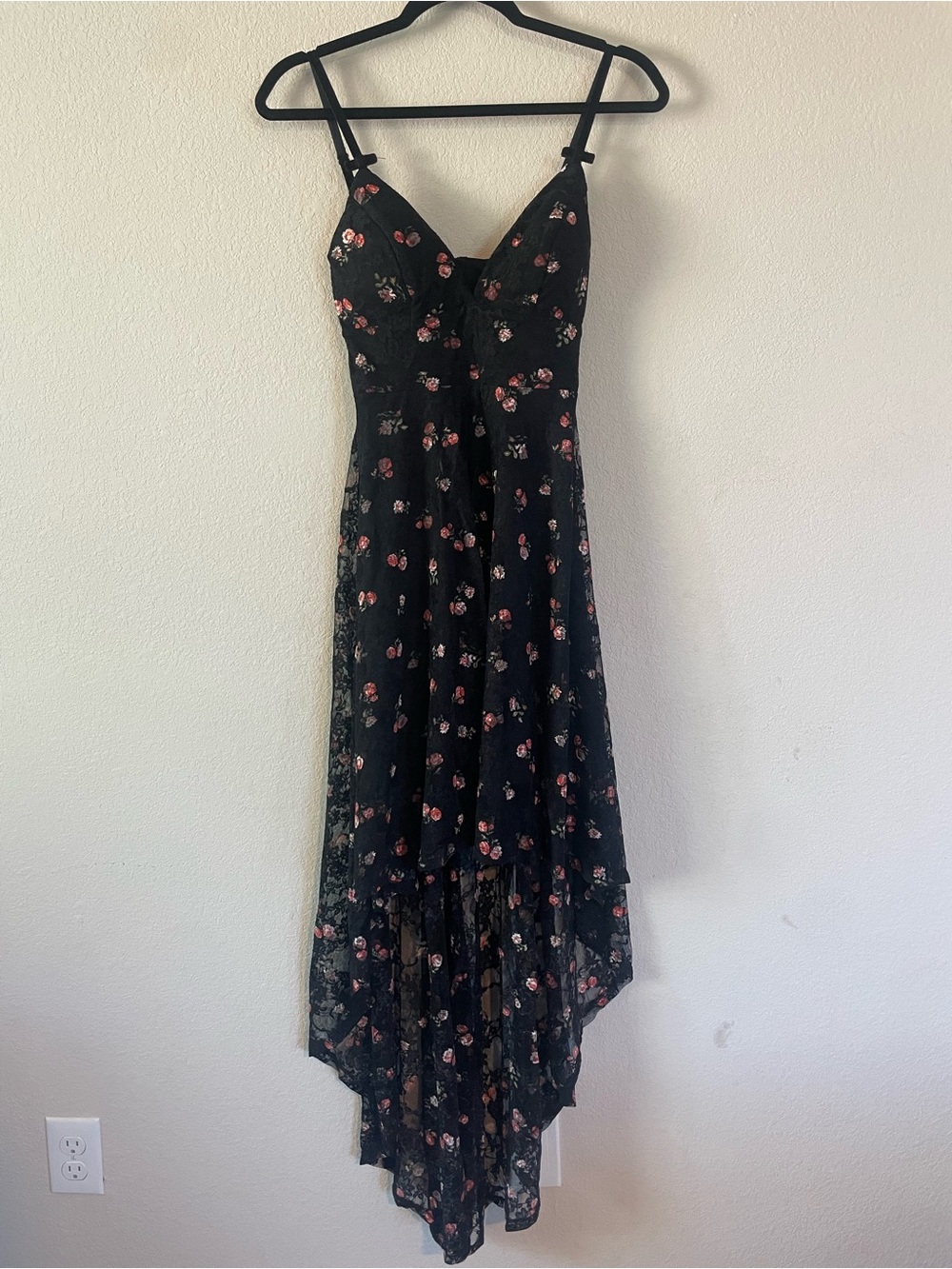 Disney Black Floral High-Low Slip Dress with Pink Rose Print